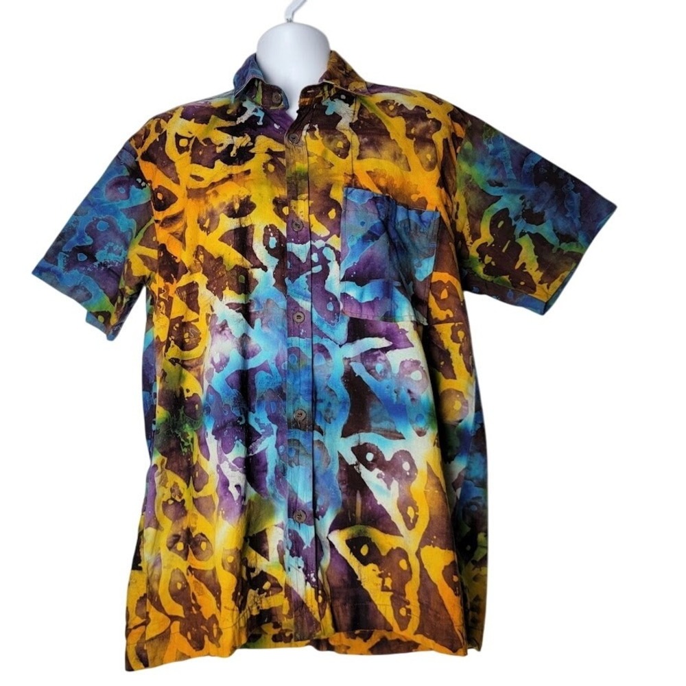 Bold Multi-Color Art 2 Wear Print Button-Down Shirt Size L 100% Cotton Dopamine‎